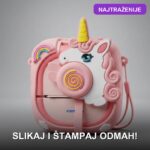 Dečiji fotoaparat jednorog sa štampačem i blicem — roze, termalni štampač, 6 rolni papira