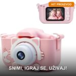 Fotoaparat za Decu Roze sa Ušima — Dvostruka Kamera, Ekran 2 inča, Igrice