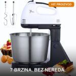 Ručni Mikser sa Metalnom Posudom 2L — 7 Brzina, 300W, Nerđajući Čelik - prednja strana