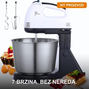 Ručni Mikser sa Metalnom Posudom 2L — 7 Brzina, 300W, Nerđajući Čelik