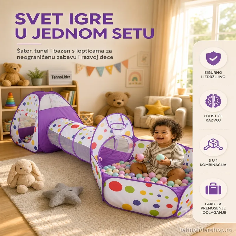 3u1 Šator + Tunel + Bazen za Loptice – LJUBIČASTI 3u1 Šator + Tunel + Bazen za Loptice – LJUBIČASTI