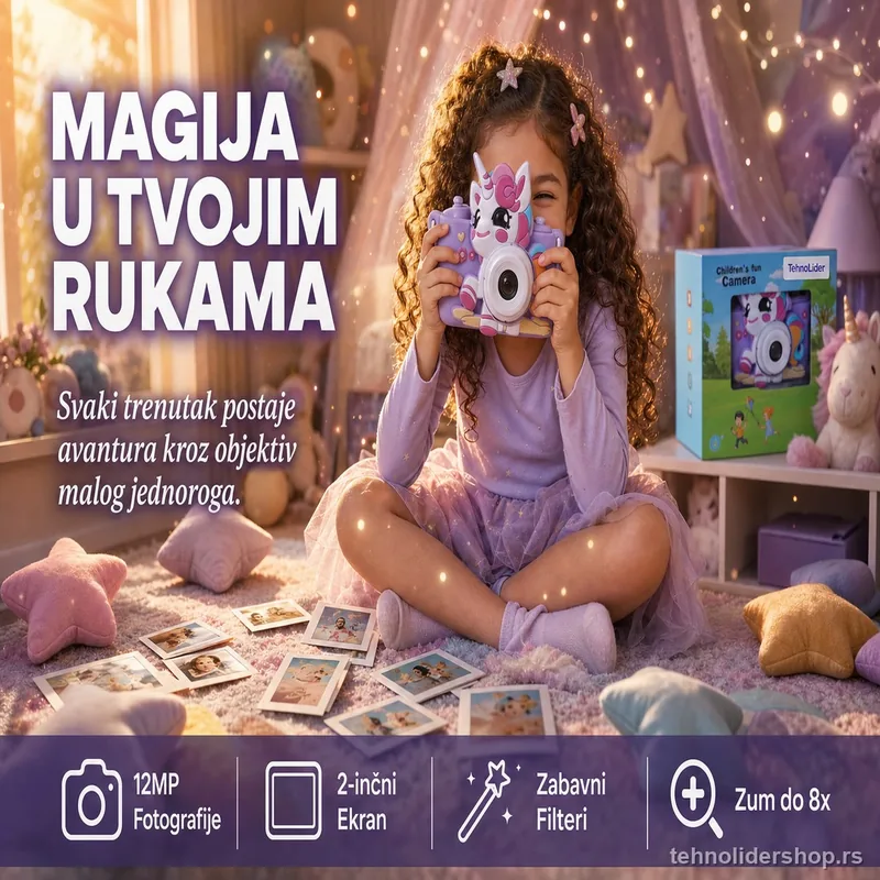 Ljubičasta kamera u obliku jednoroga – magija fotografije za mališane!