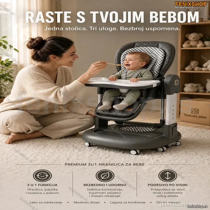 3u1 Hranilica za Bebe sa Ljuljaškom i Hodalicom – Multifunkcionalna Stolica za Hranjenje 3u1 Hranilica za Bebe sa Ljuljaškom i Hodalicom – Multifunkcionalna Stolica za Hranjenje