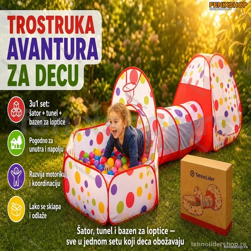 3u1 Šator + Tunel + Bazen za Loptice – CRVENI 3u1 Šator + Tunel + Bazen za Loptice – CRVENI
