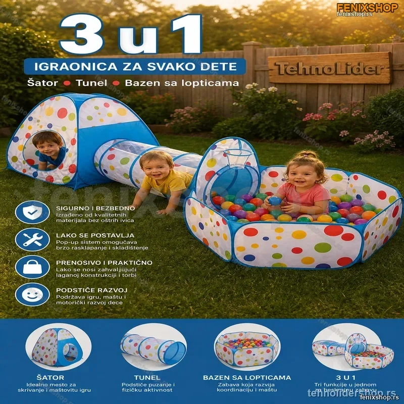 3u1 Šator + Tunel + Bazen za Loptice – PLAVI 3u1 Šator + Tunel + Bazen za Loptice – PLAVI