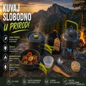 Aluminijumski Set za Kuvanje u Prirodi – 10 Delova sa Torbom