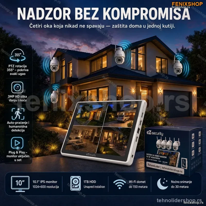 Bežični PTZ Video Nadzor – 4 Kamere 3MP i Monitor 10,1" Bežični PTZ Video Nadzor – 4 Kamere 3MP i Monitor 10,1"