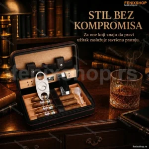 COHIBA Kožni Humidor Set za Putovanje – Španska Kedrovina, Crna/Braon
