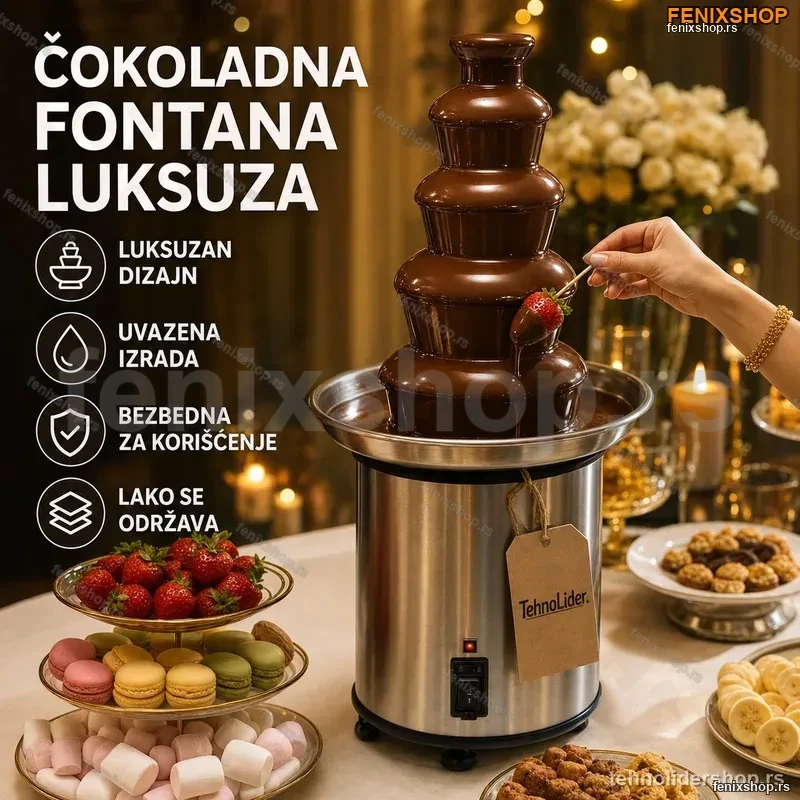 Čokoladna Fontana Velika – 4 Nivoa, Nerđajući Čelik, 2000W Čokoladna Fontana Velika – 4 Nivoa, Nerđajući Čelik, 2000W