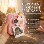 Dečiji fotoaparat jednorog sa štampačem i blicem — roze, termalni štampač, 6 rolni papira