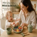 Dečiji silikonski pribor za jelo — set sa tanjirima, kašičicama i podlogom