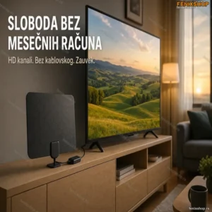 Digitalna sobna antena sa pojačivačem signala — DVB-T2, HD prijem, domet 980 milja