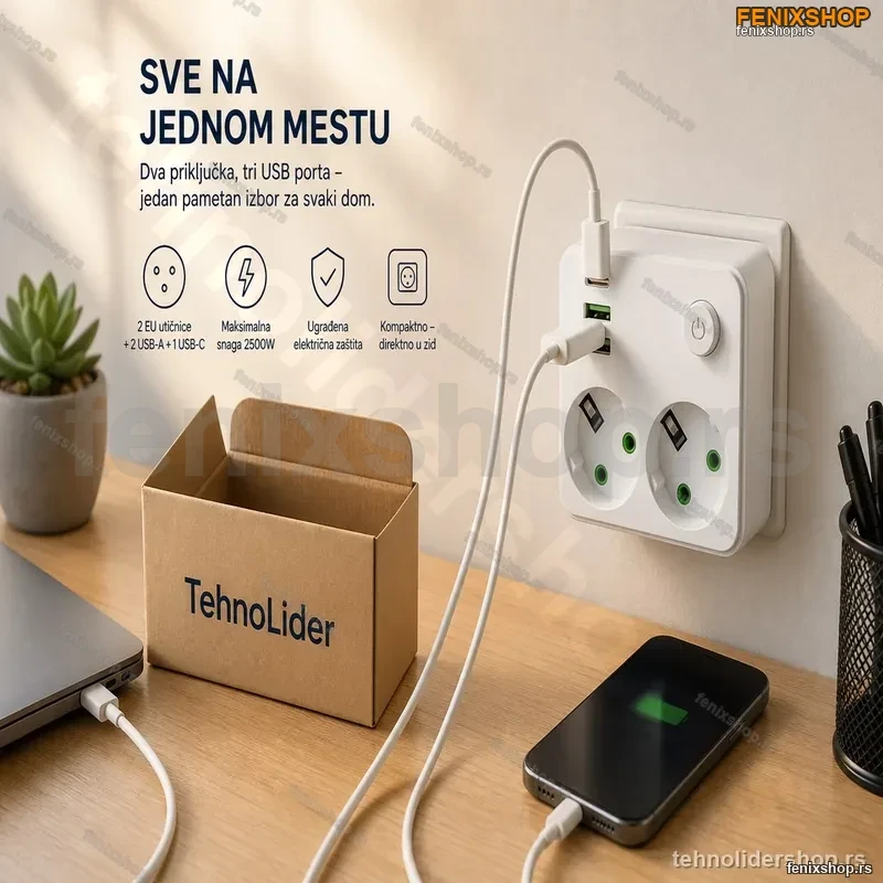 Dupla Utičnica sa 2 USB-A i 1 USB-C Portom – EU Utikač Dupla Utičnica sa 2 USB-A i 1 USB-C Portom – EU Utikač