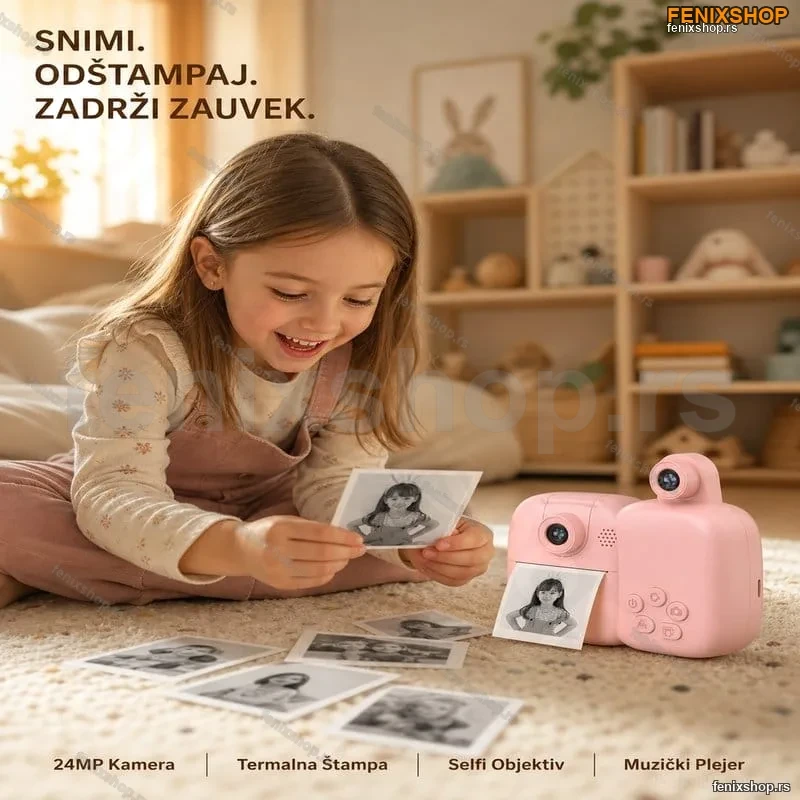 Fotoaparat za decu sa instant termalnim štampačem — 24MP, selfi kamera, štampa bez boje Fotoaparat za decu sa instant termalnim štampačem — 24MP, selfi kamera, štampa bez boje