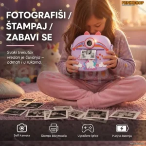 Jednorog Uško – Dečiji Fotoaparat sa Termalnim Štampačem i Selfi Kamerom