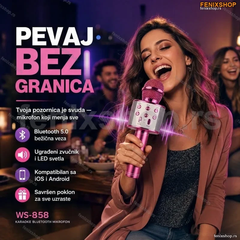 Karaoke Bluetooth Mikrofon WS-858 – Bežični Mikrofon sa Zvučnikom i LED Svetlima Karaoke Bluetooth Mikrofon WS-858 – Bežični Mikrofon sa Zvučnikom i LED Svetlima