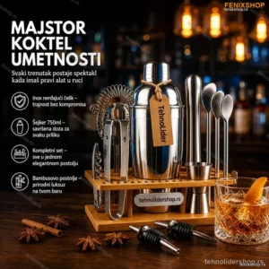 Koktel Set od Inox – Komplet za Pravljenje Koktela sa Bambusovim Postoljem