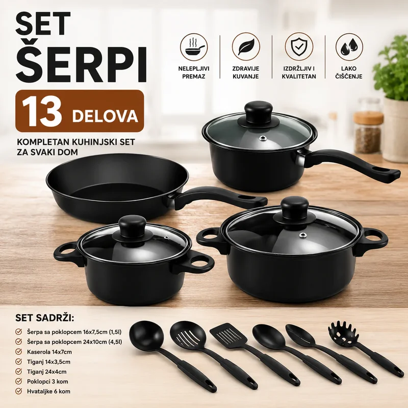Komplet šerpi od 13 delova sa neprijanjajućim premazom set šerpi - u upotrebi