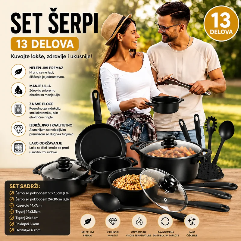 Komplet šerpi od 13 delova sa neprijanjajućim premazom set šerpi - prednja strana