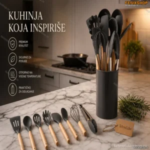 Kuhinjski Set Pribora 12 Delova – Silikon i Drvo