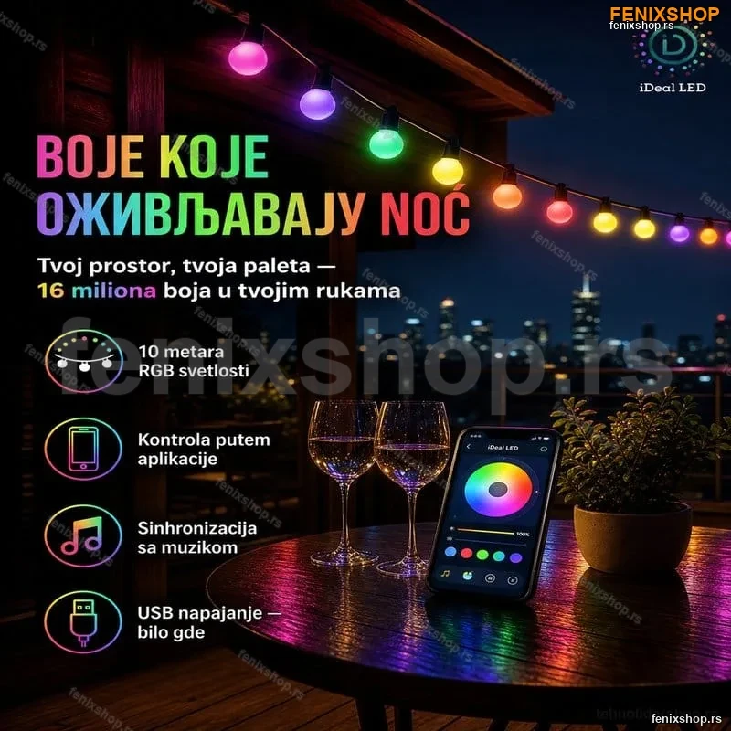 Led RGB lampice za dekoraciju dvorista ili kuce 10m sa aplikacijom Led RGB lampice za dekoraciju dvorista ili kuce 10m sa aplikacijom