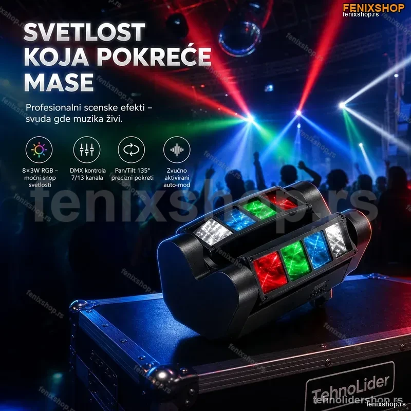 LED Spider Moving Head 8×3W RGB – Scenska Rasveta za Klubove i DJ LED Spider Moving Head 8×3W RGB – Scenska Rasveta za Klubove i DJ