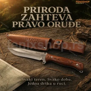 Lovački nož Buck sa drvenom drškom i kožnom futrolom