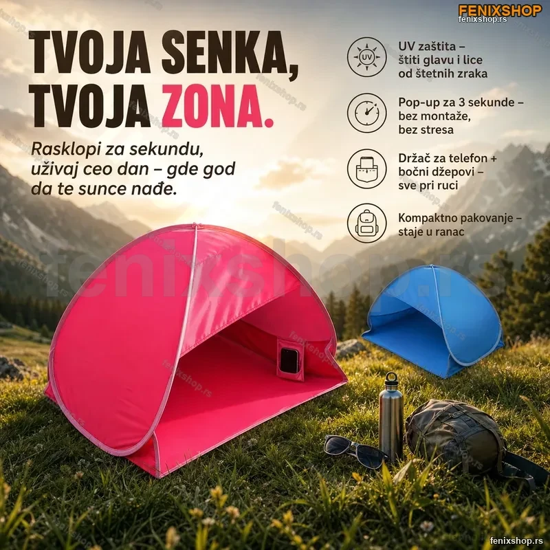 Mini Pop-Up šator za plažu sa UV zaštitom – Senka za glavu, držač za telefon i bočni džepovi | Plavi i Rozi Mini Pop-Up šator za plažu sa UV zaštitom – Senka za glavu, držač za telefon i bočni džepovi | Plavi i Rozi