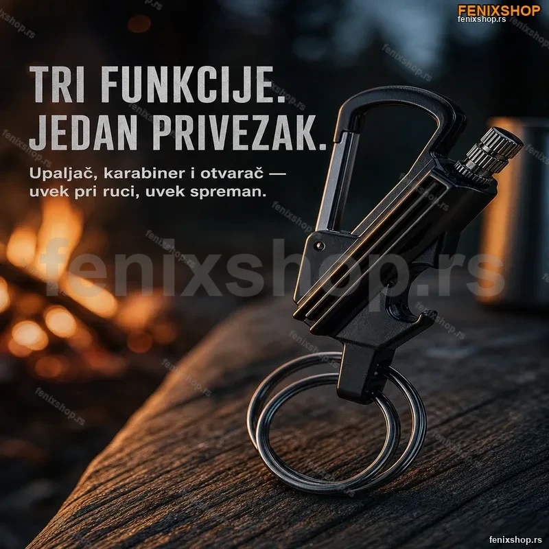 Multifunkcionalni Upaljač Privezak sa Karabinerom i Otvaračem za Flaše Multifunkcionalni Upaljač Privezak sa Karabinerom i Otvaračem za Flaše