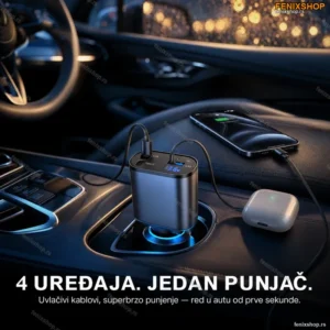 Pametni auto punjač 4u1 sa uvlačivim kablovima — 60W superbrzo punjenje za sve uređaje