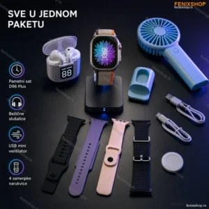Pametni sat D96 Plus sa ventilatorom, slušalicama i dodatnim narukvicama
