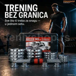 Podesive bučice 30kg sa šipkom za spajanje — komplet za kućni trening