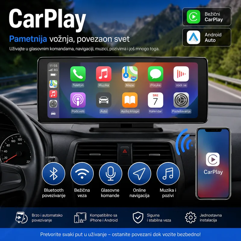 Prenosivi bežični ekran 10.26" CarPlay i Android Auto prenosivi CarPlay ekran - prednja strana