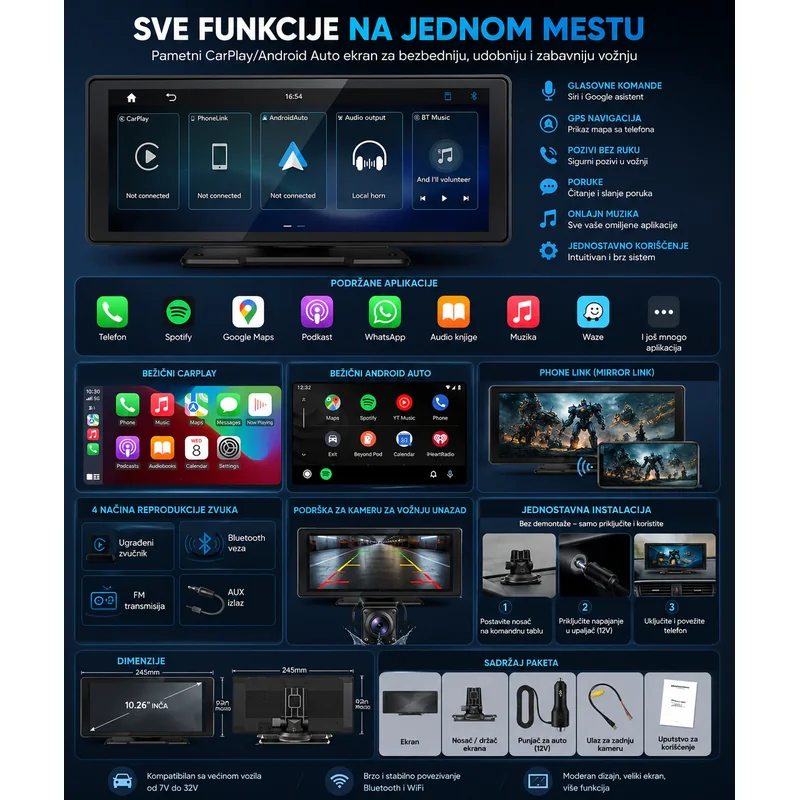 Prenosivi bežični ekran 10.26" CarPlay i Android Auto prenosivi CarPlay ekran - detalji