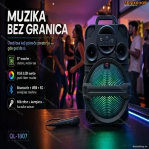 Prenosivi Bežični Zvučnik QL-1807 – 8" sa Mikrofonom i RGB Svetlom Rasprodaja