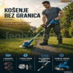 Profesionalni aku trimer za travu sa točkićima i 2 baterije – 3 vrste sečiva