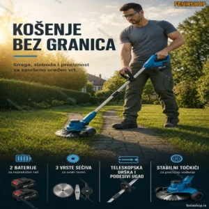 Profesionalni aku trimer za travu sa točkićima i 2 baterije – 3 vrste sečiva
