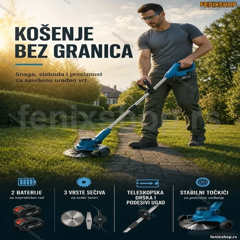 Profesionalni aku trimer za travu sa točkićima i 2 baterije – 3 vrste sečiva Profesionalni aku trimer za travu sa točkićima i 2 baterije – 3 vrste sečiva