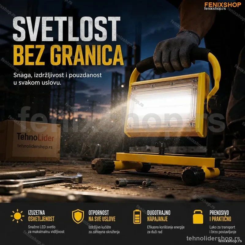 Punjivi LED Reflektor 100W – Prenosni, 3 Načina Rada, Aluminijski Punjivi LED Reflektor 100W – Prenosni, 3 Načina Rada, Aluminijski