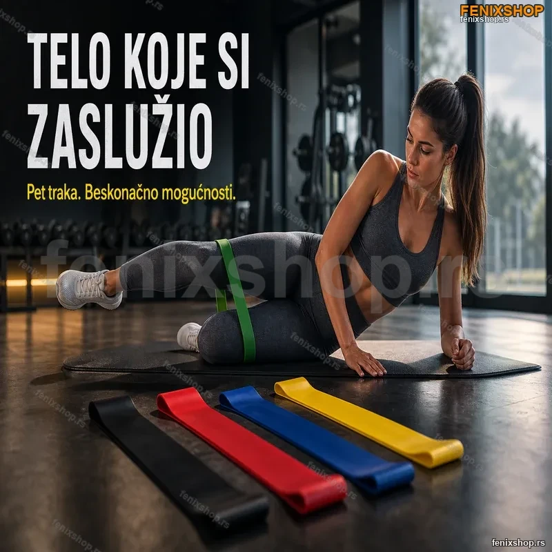 Rastegljive trake za vežbanje — set od 5 traka različitih otpora sa torbom Rastegljive trake za vežbanje — set od 5 traka različitih otpora sa torbom