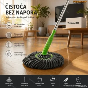 Rotirajući Mikrofiber Mop Set sa Kantom za Ceđenje – 360° Rotacija