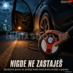 Ručni kompresor za auto 12V - Kompaktni pumpa za gume sa manometrom i setom nastavaka