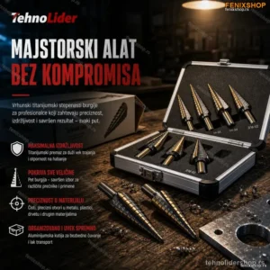 Set Stepenastih Burgija od Titanijuma – 5 komada sa Aluminijumskom Futrolom