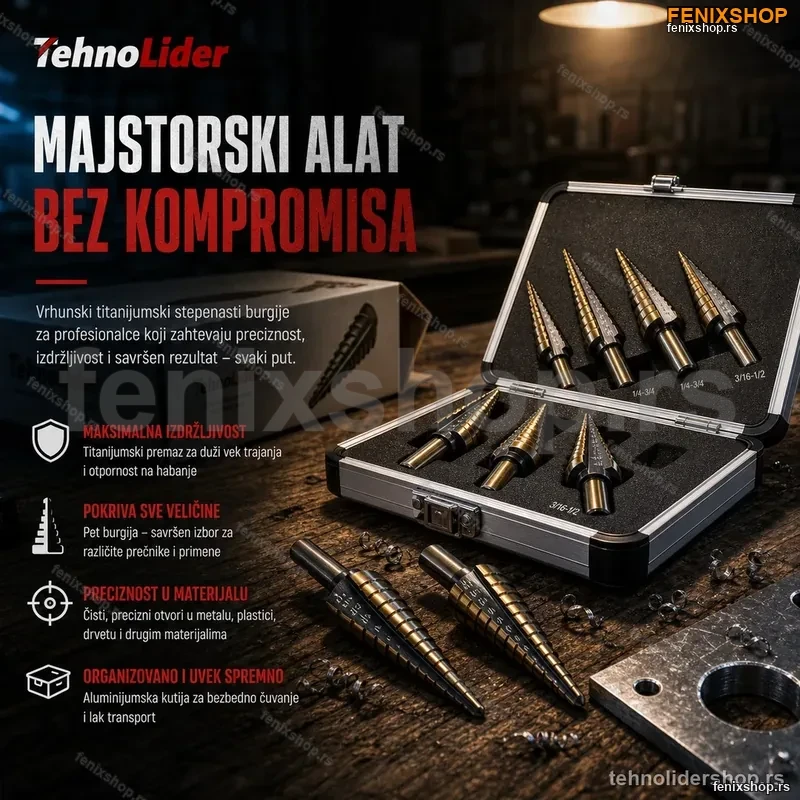 Set Stepenastih Burgija od Titanijuma – 5 komada sa Aluminijumskom Futrolom Set Stepenastih Burgija od Titanijuma – 5 komada sa Aluminijumskom Futrolom