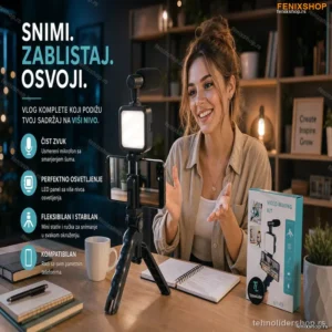 Set za Snimanje Videa sa Kardioidnim Mikrofonom, LED Svetlom i Stativom