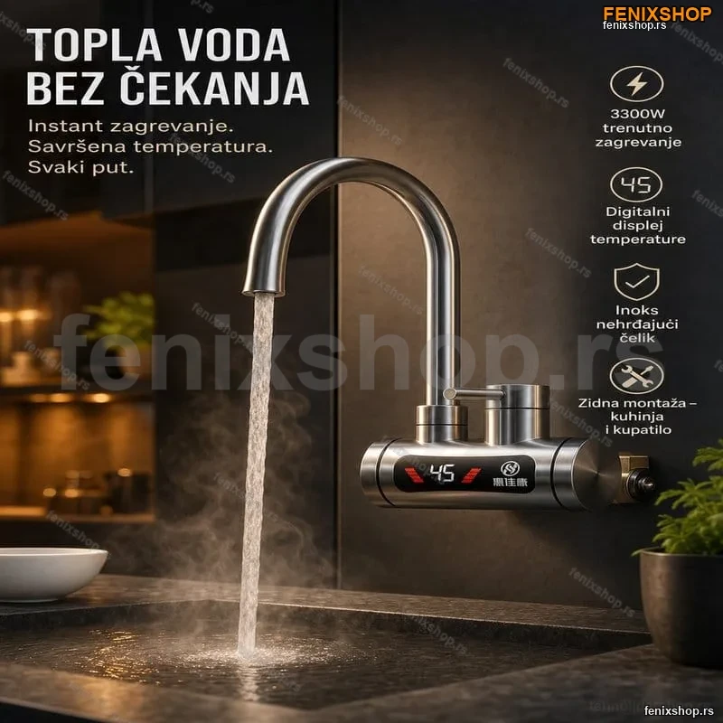 Slavina sa grejačem za zidnu montažu od inoksa – 3300W, displej temperature Slavina sa grejačem za zidnu montažu od inoksa – 3300W, displej temperature