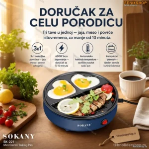 Sokany 3u1 Mini Električni Gril Tiganj – Višenamenska Tava za Doručak