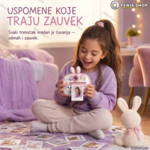 Dečji fotoaparat sa štampačem i motivom zeke — roze