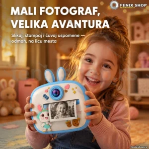 Plavi dečji fotoaparat sa štampačem i IPS ekranom — motiv zeke