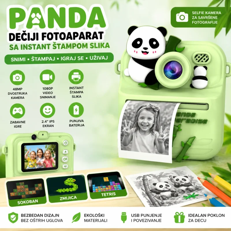 Digitalni fotoaparat sa štampom za decu — Green Panda dizajn fotoaparat sa štampom - prednja strana